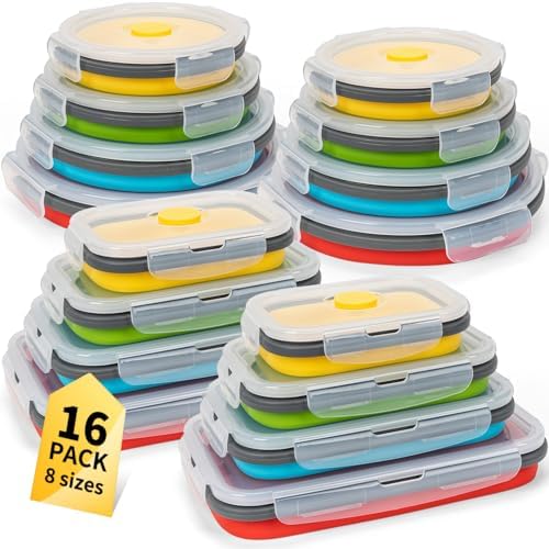 Collapsible Food Storage Containers with Lid & Air Vent, 16 Pack, 8 Rectangular + 8 Round, Annaklin Foldable Silicone Lunch Containers Collapsible Bowls Set, Microwave Freezer Dishwasher Safe, 4-Color by Annaklin