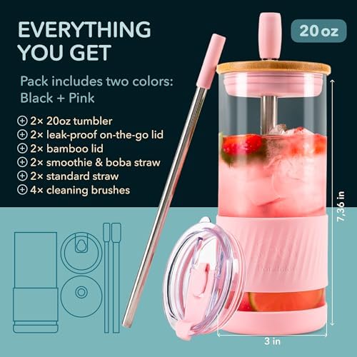 Pandaloo® Glass Cups With Lids and Straws -20 Fl Oz- Perfect Size Iced Coffee Cup - Smoothie Cup With Bamboo Lid and On the go Lid - Glass Tumbler (2 Count (Pack of 1), Black Saphir-Tender Pink) - Image 2
