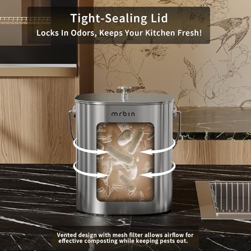 MRBIN Kitchen Compost Bin, Stainless Steel Countertop Trash Can 1.7 Gal with Lid and Charcoal Filter, Metal Small Indoor Rubbish Dustbin for Food Waste Recycle - Image 2