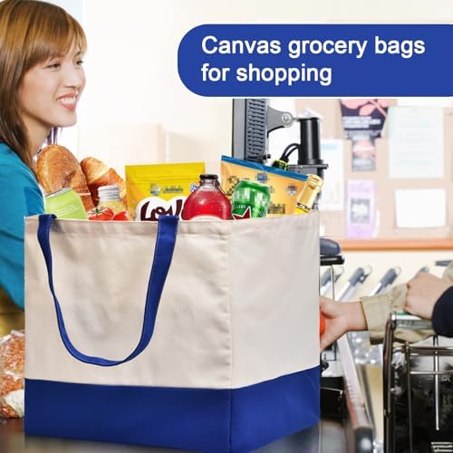 3 Pack Canvas Reusable Grocery Bags Heavy Duty, 8.3 gal Foldable Large Tote Bag with Handles, Holds 60 lbs Canvas Shopping Bags & Washable Eco-friendly Bags with 5 Pockets, Blue+Off White - Image 6