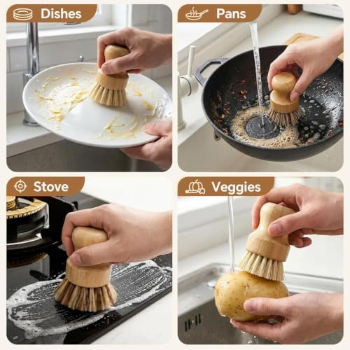 3 Pack Wooden Dish Brush Set - 2*Vegetable Brush & 1*Stainless Steel Stand - Image 2