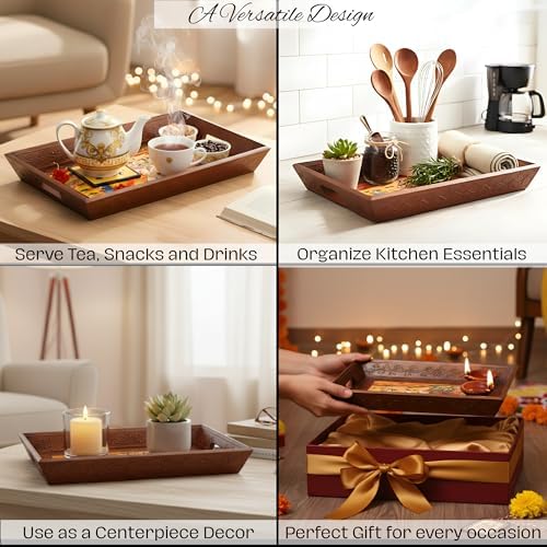 Swadeshi Blessings Hand-Painted Wooden Serving Tray Set of 3, Brown - Image 5