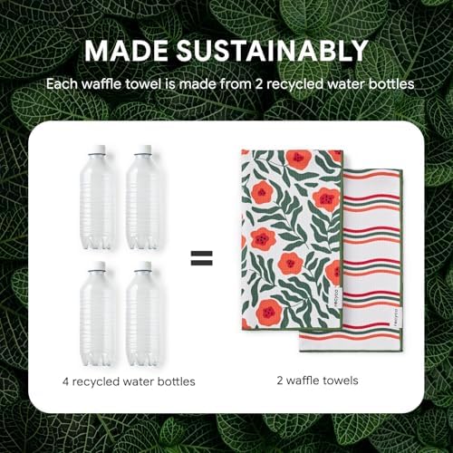 RECYCO Waffle Kitchen Towel Set of 2 - Quick Dry Microfiber Sustainable Dish Towels - Ultra Absorbent Reusable Cleaning Tea Towels - Lightweight Hand Towels,16”x 28”, Poppy Waves - Image 5