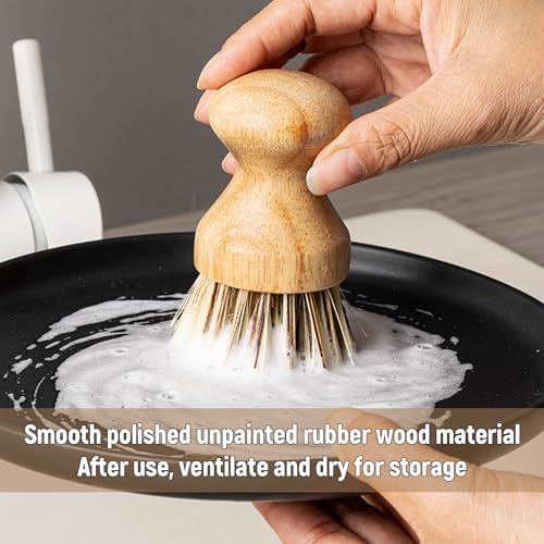 Natural Coconut Fiber Pot Scrubber Brushes with Quick-Dry Stand, Rubberwood Handle for Stubborn Pans & Kitchen Cleaning,2Pcs - Image 5