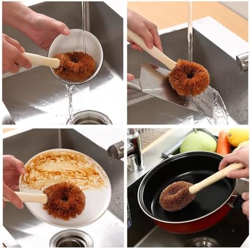 3Pcs Natural Coconut Fiber Brush Coconut Dish Scrubber Wooden Cleaning Brush with Handle for Kitchen - Image 6