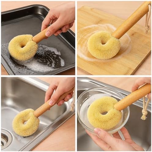 Coconut Fiber Dish Brush with Handle – Natural Dish Scrubber Brush for Kitchen Sink & Pots – Eco-Friendly Dish Cleaning Brush with Built-in Scraper, Sink Scrubber, and pan Cleaning Brush - Image 6