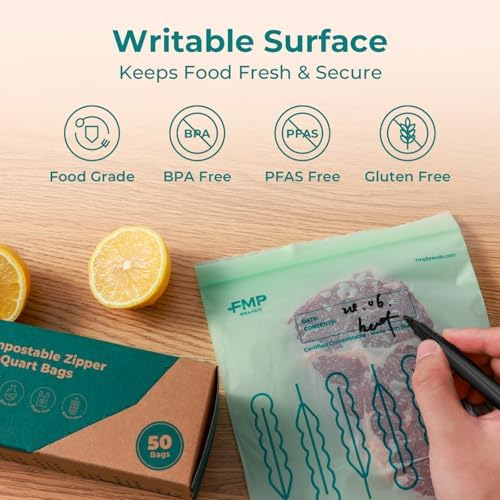 Fit Meal Prep 50 Pack 100% Compostable Food Storage Bags, 7 x 8" Resealable Freezer Bags Quart Size for Meat, Fruits, Plant-Based Sandwich Bag, ASTM D6400, US BPI & EU OK Compost Certified - Image 4
