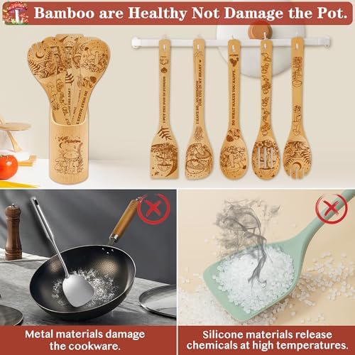 Mushroom Kitchen Decor Bamboo Wooden Spoons With Utensil Holder-Mushroom Kitchen Accessories for Cooking-Home Decorations Gifts for Women-Housewarming,Birthday,Easter,Mothers Day Gift（6PCS） - Image 4