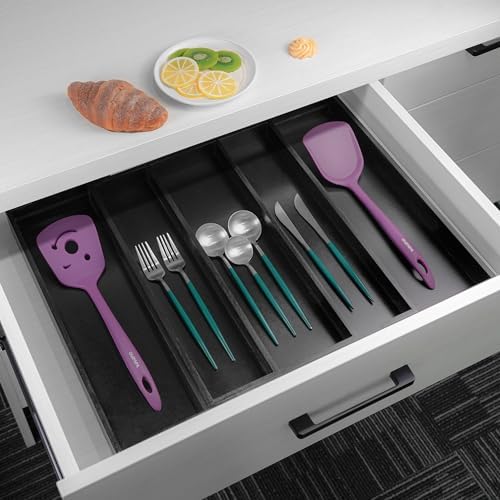 Utoplike Bamboo Drawer Organizer Kitchen Utensils, Silverware Tray Black - Image 2