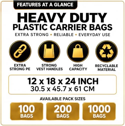 Reusable Heavy Duty White Plastic Shopping Bags with Handles, T-Shirt Grocery Carrier Bags, 12 x 18 x 24 Inch, HDPE Retail, Convenience Store & Takeout Bags, 1000 Pack - Image 2