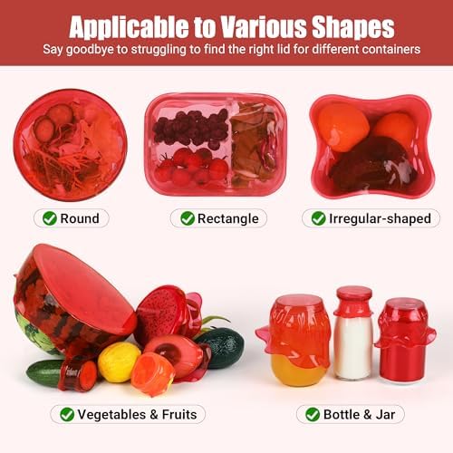 Silicone Stretch Lids for Food Storage in Fridge, Reusable Elastic Bowl Covers for Cup, Cans, Jars, Round & Rectangle Container, Food Grade Silicone Microwave Food Cover, Red, 6PCS - Image 3