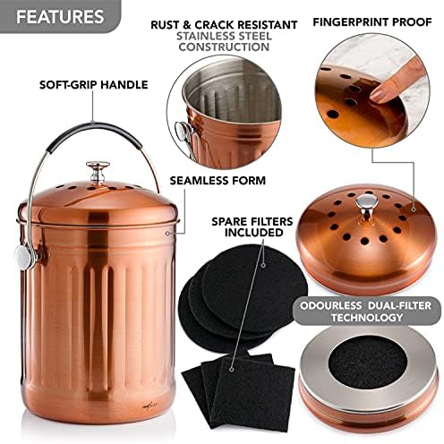 RED FACTOR Premium Compost Bin for Kitchen Countertop - Stainless Steel Food Waste Bucket with Innovative Dual Filter Technology - Includes Spare Filters (Matt Copper, 1.3 Gallon) - Image 5