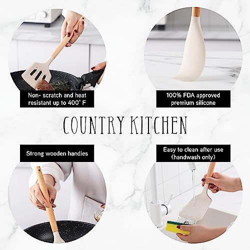 Country Kitchen Non Stick Silicone Utensil Set with Rounded Wood Handles for Cooking and Baking, 14 Piece Set, Khaki - Image 3