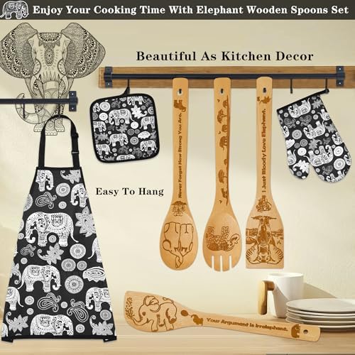 Elephant Gifts for Women,8pcs Elephants Bamboo Cooking Utensil Spoons with Apron Oven Mitt Potholder,Personalized Elephant Gift for Mom,Housewarming Kitchen Decor,Easter,Birthday,Fathers Day - Image 5