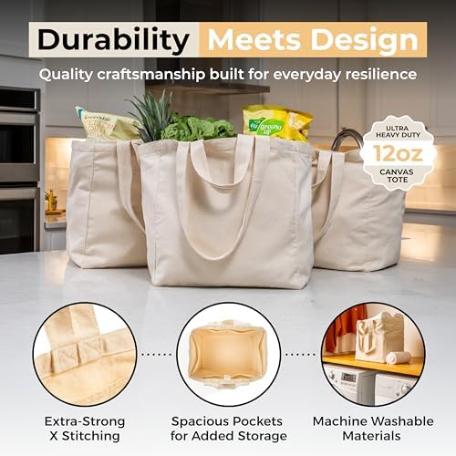 VeraMia Canvas Grocery Bag 3pc XL Set with Real Pockets, Long Shoulder Strap and Short Handle. Heavy Duty, Foldable, Washable - Image 3