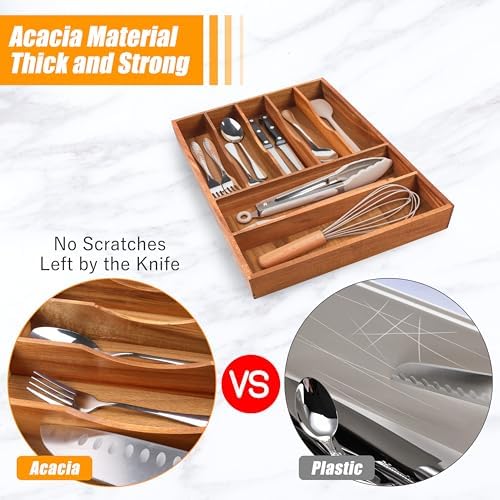 Bellsal Bamboo Silverware Organizer, 12"x15.7" Utensil Holder Cutlery Tray with Grooved Drawer Dividers for Kitchen Flatware, Bedroom, Office (7 Slot, Acacia) - Image 4