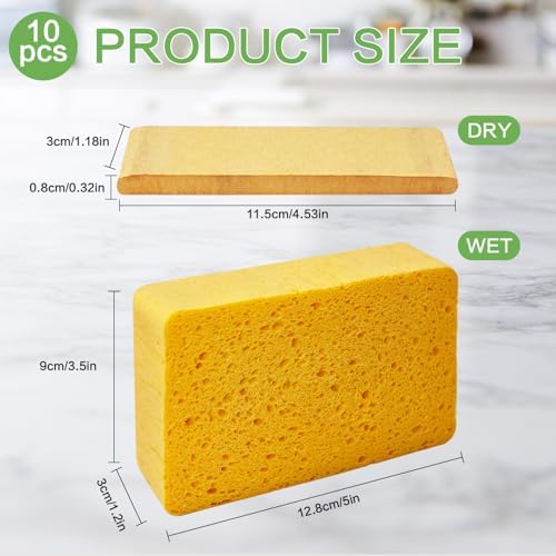10-Count Kitchen Sponges, Compostable Thicker Pop-Up Sponges - Expanding, Non-Scratch, Plant-Based Dish Cellulose Sponges Car Wash Sponges (5 x 3.5 x 1.2 inches), Yellow - Image 2