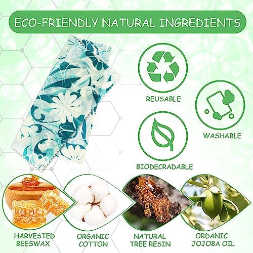 Reusable Beeswax Wrap, 4 Pack Eco-Friendly Beeswax Wraps For Food, Organic, Sustainable, Biodegradable, Zero Waste, Plastic-Free Food Storage (Flowers and Leaves) - Image 2