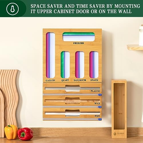 Calmbee 9 in 1 Bamboo Storage Bag Organizer for Kitchen Drawer – Plastic Wrap Dispenser with Cutter & Foil Organizer, Wooden Baggie Organizer for Sandwich, Snack, Gallon, Quart Sizes, Natural - Image 6