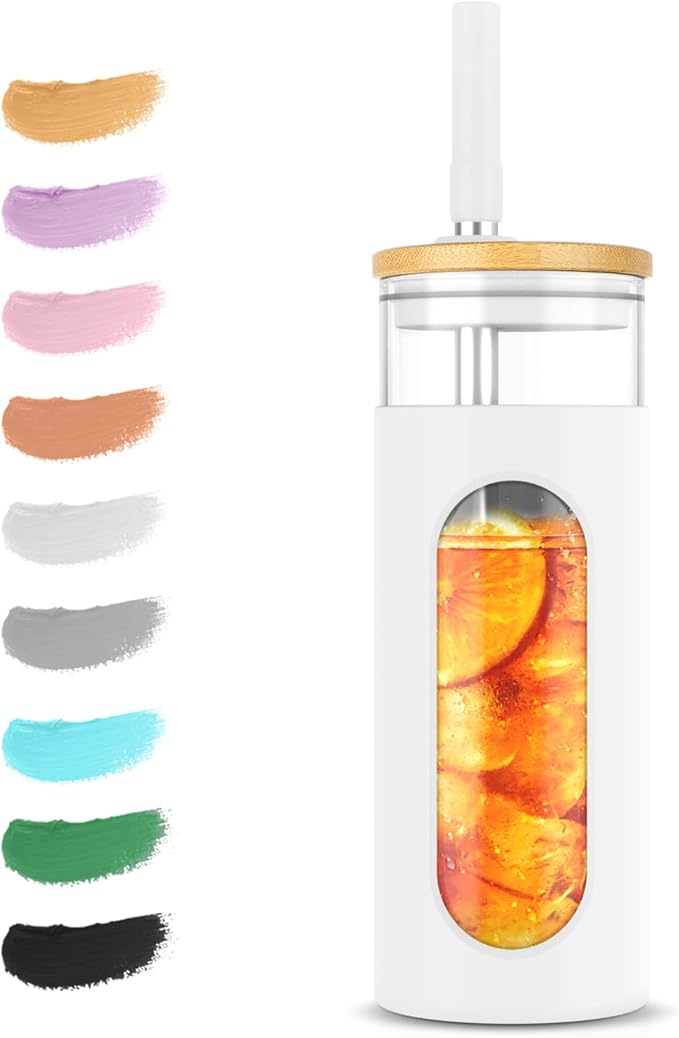 Tronco 20oz Glass Tumbler with Bamboo Lid and Straw, Reusable Iced Coffee Cup for Boba Tea, Smoothies & Cold Drinks, Spill-Proof Glass Cup with Silicone Sleeve, Dishwasher Safe, BPA-Free (Pack of 1)