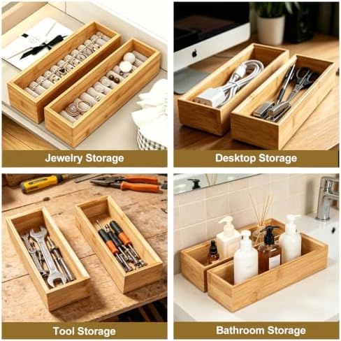 Bamboo Drawer Organizer Set of 2 for Kitchen Drawers, Small Stackable Drawer Organizer for Silverware, Utensils, Cutlery, Flatware, Junk Drawer, Dresser, Bathroom, 9" x 3" x 2" - Image 7