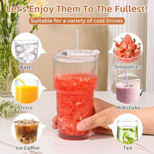 20oz Ribbed Glass Cups with Lids and Straws,4PCS Glass Tumbler with Straw and Lid, Iced Coffee Cups Drinking Glasses for Juice,Smoothies,Cocktail - Image 4