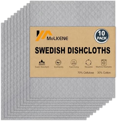 MoLKENE Swedish Dishcloths for Kitchen, 10 Pack Cellulose Sponge Cloths by MoLKENE
