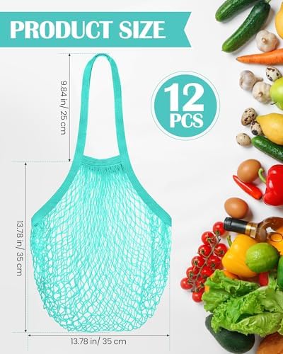 Eccliy 12Pcs Reusable Cotton Mesh Grocery Bag with Handle, Teal, 10 in - Image 4