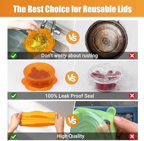 Silicone Stretch Lids for Food Storage in Fridge, Reusable Elastic Bowl Covers for Cup, Cans, Jars, Round & Rectangle Container, Food Grade Silicone Microwave Food Cover, Orange, 6PCS - Image 4