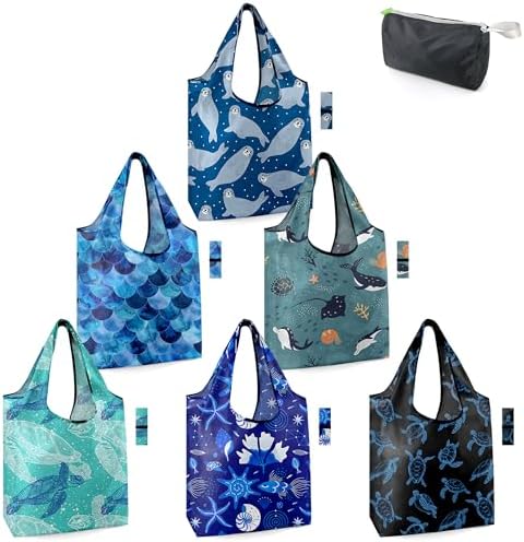 BeeGreen Sea Turtle Lovers Gifts for Women Ocean Animals Reusable Grocery Bags Shopping Bags Bulk 6 Pack 50LBS X-Large Shells Seal Mermaid Scale Whale by BeeGreen