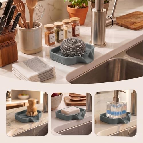 MicoYang Silicone Soap Dish with Drain Spout, Self-Draining Sink Organizer Tray for Bathroom and Kitchen, Sponges, Dispensers and Soap Holder, Non-Slip and Dishwasher Safe, Grey (Compact, 4.9"×3.2") - Image 3