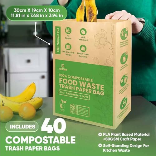 Kitchen Food Waste Bags – 40 bags – 100% Compostable Paper – Leak-resistant liner – Completely Plastic-free & Environmentally Friendly – Certified by BNQ & BPI - 40 Brown Paper Compostable Bags (40) - Image 2