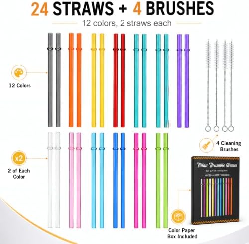 24 Pack Reusable Plastic Straws with 4 Brushes, 9" Tritan Hard Straws - Image 3