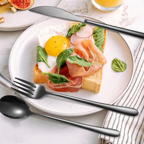 AARAINBOW 6 Pieces 18/8 Stainless Steel Flatware Set Portable Reusable Cutlery Set Travel Utensils Set Including Chopsticks Knife Fork Spoon Straws Cleaning Brush Dishwasher Safe (Black) - Image 2