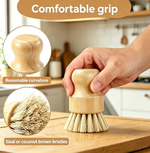 Bamboo Dish Brush Set with Palm and Sisal Bristles, 4 Pcs Natural Bamboo Dish Scrubber Brush for Kitchen Cleaning, Pots, Pans, Vegetables, Fruit - Image 4