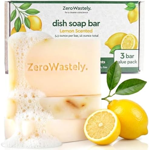 ZeroWastely Natural Dish Soap Bar - Value Pack of 3 Solid Soap Block 16oz - Lemon Scented, Long Lasting, Skin Friendly - Sustainably Made from 100% Organic Ingredients - Plastic Free Dish Soap by ZeroWastely