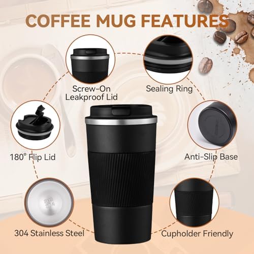 12OZ Travel Coffee Mug Insulated Coffee Cup with Spill Leak Proof Lid, Portable Stainless Steel Tumbler Reusable Hot and Cold Water Mug for Car, Daily, Camping-Black - Image 5