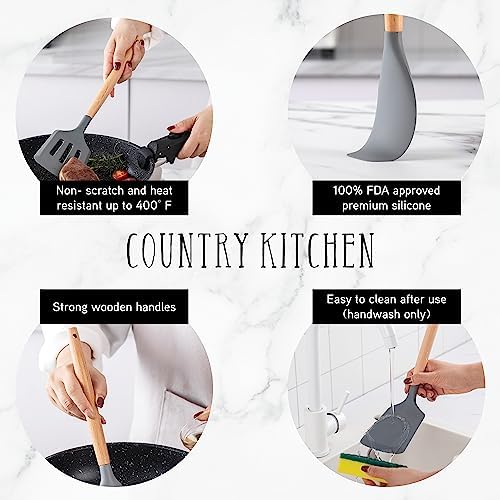 Country Kitchen Non Stick Silicone Utensil Set with Rounded Wood Handles for Cooking and Baking, 14 Piece Set, Gray - Image 4
