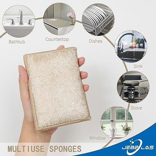 JEBBLAS 8Pack Bamboo Natural Kitchen Sponges Dish Sponge Cleaning Sponge Heavy Duty Scrub Sponge for Cleaning Kitchen and Household Pink - Image 2