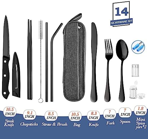 Portable Reusable Travel Utensils Silverware with Case,Travel Camping Cutlery set,Chopsticks and Straw, Flatware Cutlery with Case, Stainless steel Utensil set Top (Black) - Image 2