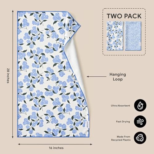RECYCO Waffle Kitchen Towel Set of 2 - Quick Dry Microfiber Sustainable Dish Towels - Ultra Absorbent Reusable Cleaning Tea Towels - Lightweight Hand Towels,16”x 28”, Hydrangea Ball - Image 2