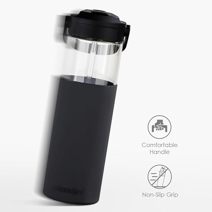 Glass Water Bottle with Silicone Sleeve and Straw Lid 20oz for Girls Women, Glass Drinking Bottles for Travel Home Gym Sports (Velvet Black)