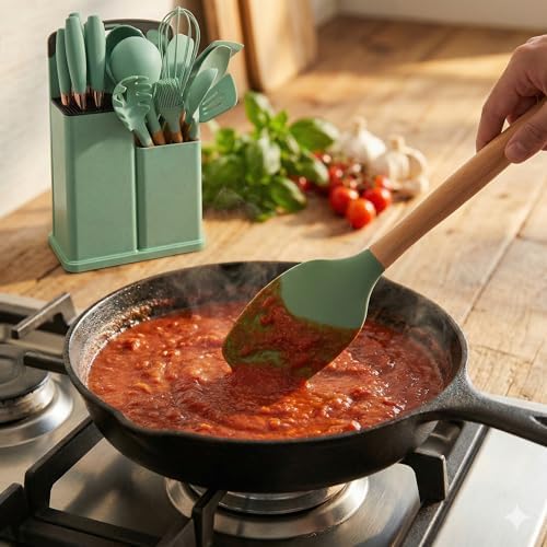 Silicone Kitchen Utensil Set, 19 Piece with Wooden Handles, Cutting Board, Storage Holder, Black Pink Gray Mint Green, Cooking Tools with Organizer (Green) - Image 3