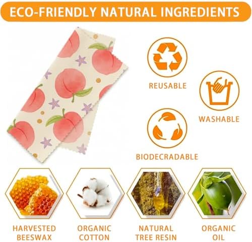 Reusable Beeswax Wraps, Peach Cherry Wraps, 9 Pack Eco-Friendly Food Storage, Organic, Sustainable, Zero Waste, Plastic-Free, For Sandwiches, Bread & Bowls, 1XL, 3M, 5S - Image 3
