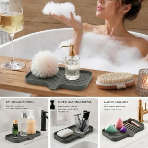MicoYang Silicone Soap Dish with Drain Spout — Self-Draining Sink Organizer Tray for Bathroom & Kitchen, Sponges, Dispensers & Soap Holder, Non-Slip & Dishwasher Safe, Grey (Medium, 9.6"×5.3") - Image 4