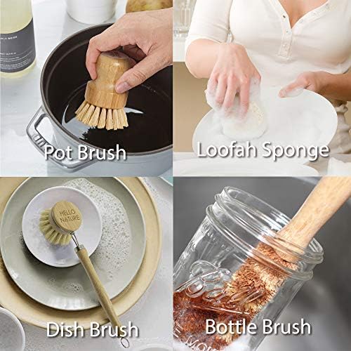 Plant-Based 6pcs Kitchen Brush Set by HELLO NATURE, Sustainable & Biodegradable Natural Fibre Bamboo Dish Brush,Bottle Brush,Pot Brush & 3 Natural Loofah Sponges, Zero-Waste,Plastic Free Kitchen Set - Image 5