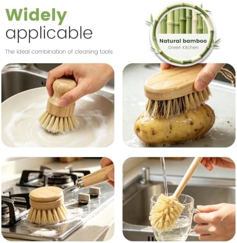 6-Piece Bamboo Dish Brush Set with Vegetable Brush Yellow - Image 7