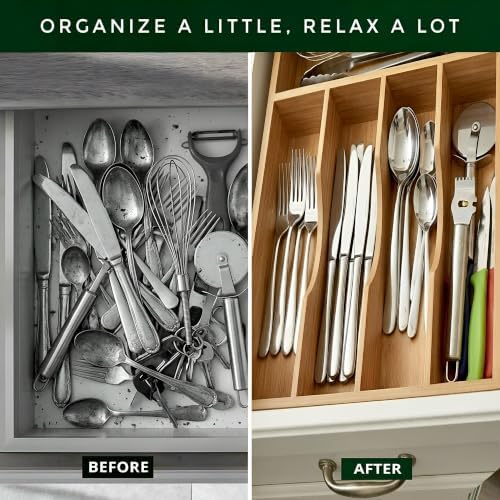 Bamboo Drawer Organizer for Kitchen Drawers, 5-Compartment Flatware & Cutlery Tray, Natural Bamboo Kitchen Utensil Silverware Organizer, Drawer Storage Organizer, 13.8 x 9.9 x 2.0 Inches - Image 6