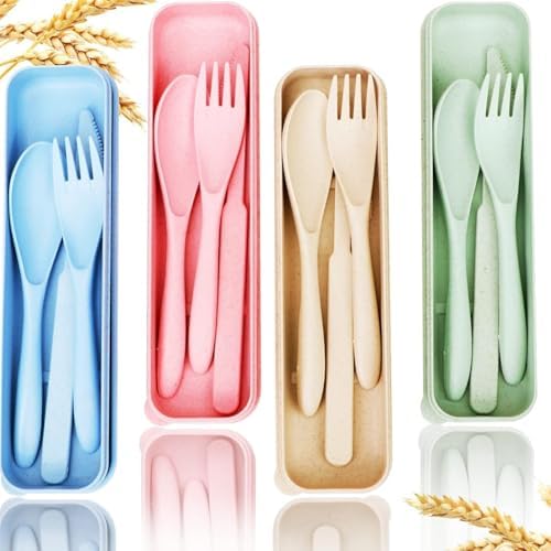Reusable Travel Cutlery Set with Case, 4-Pack Wheat Straw Portable Knife Fork Spoon Set, BPA-Free Eco-Friendly Utensils for Kids & Adults, Picnic & Camping (Green, Beige, Pink, Blue) by Unknown