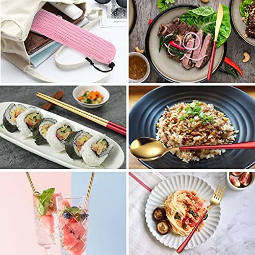 AARAINBOW 6 Pieces 18/8 Stainless Steel Flatware Set Portable Reusable Cutlery Set Travel Utensils Set Including Chopsticks Knife Fork Spoon Straws Cleaning Brush Dishwasher Safe (Red golden) - Image 3